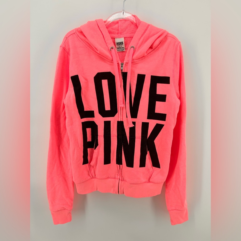 Victoria's Secret PINK Womens Size M Neon Pink Logo Full Zip Hooded Jacket